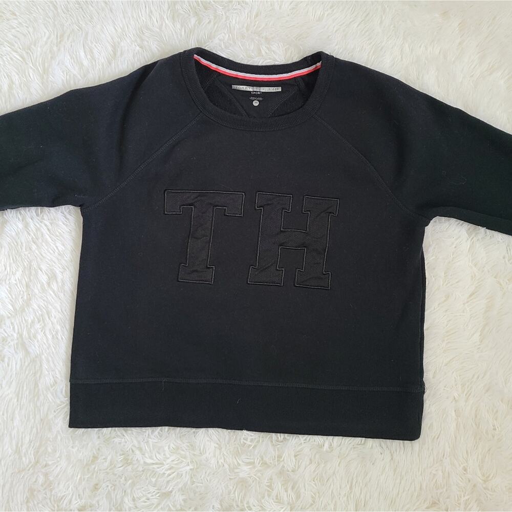 Tommy Hilfiger Sport Sweatshirt Black Logo Cropped Crewneck Women's Medium